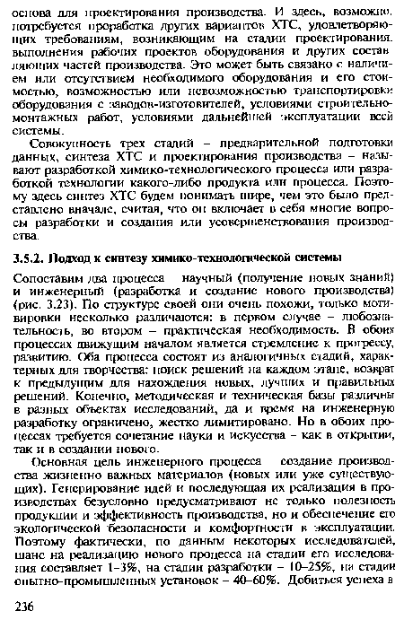 Сопоставим два процесса - научный (получение новых знаний) и инженерный (разработка и создание нового производства) (рис. 3.23). По структуре своей они очень похожи, только мотивировки несколько различаются: в первом случае - любознательность, во втором - практическая необходимость. В обоих процессах движущим началом является стремление к прогрессу, развитию. Оба процесса состоят из аналогичных стадий, характерных для творчества: поиск решений на каждом этапе, возврат к предыдущим для нахождения новых, лучших и правильных решений. Конечно, методическая и техническая базы различны в разных объектах исследований, да и время на инженерную разработку ограничено, жестко лимитировано. Но в обоих процессах требуется сочетание науки и искусства - как в открытии, так и в создании нового.