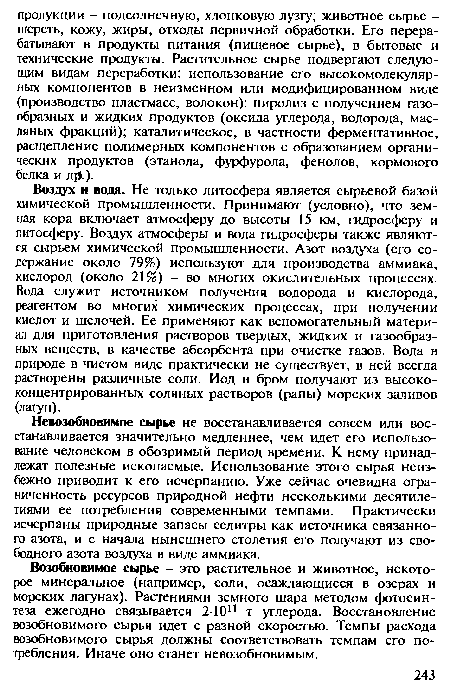 Невозобновимое сырье не восстанавливается совсем или восстанавливается значительно медленнее, чем идет его использование человеком в обозримый период времени. К нему принадлежат полезные ископаемые. Использование этого сырья неизбежно приводит к его исчерпанию. Уже сейчас очевидна ограниченность ресурсов природной нефти несколькими десятилетиями ее потребления современными темпами. Практически исчерпаны природные запасы селитры как источника связанного азота, и с начала нынешнего столетия его получают из свободного азота воздуха в виде аммиака.