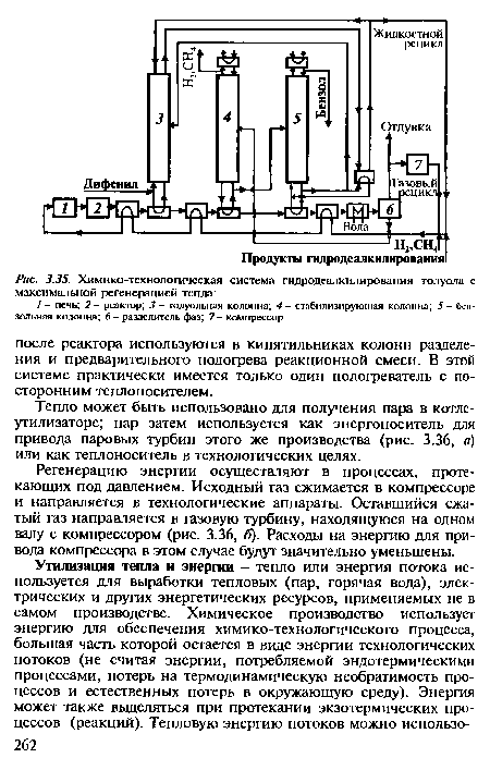 Регенерацию энергии осуществляют в процессах, протекающих под давлением. Исходный газ сжимается в компрессоре и направляется в технологические аппараты. Оставшийся сжатый газ направляется в газовую турбину, находящуюся на одном валу с компрессором (рис. 3.36, б). Расходы на энергию для привода компрессора в этом случае будут значительно уменьшены.