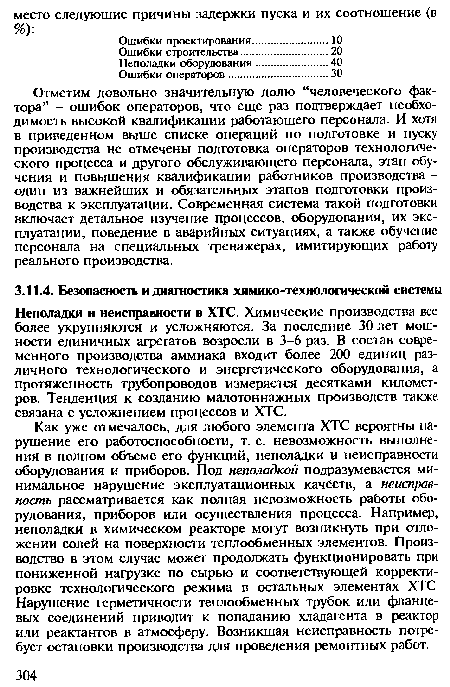 Неполадки и неисправности в ХТС. Химические производства все более укрупняются и усложняются. За последние 30 лет мощности единичных агрегатов возросли в 3-6 раз. В состав современного производства аммиака входит более 200 единиц различного технологического и энергетического оборудования, а протяженность трубопроводов измеряется десятками километров. Тенденция к созданию малотоннажных производств также связана с усложнением процессов и ХТС.