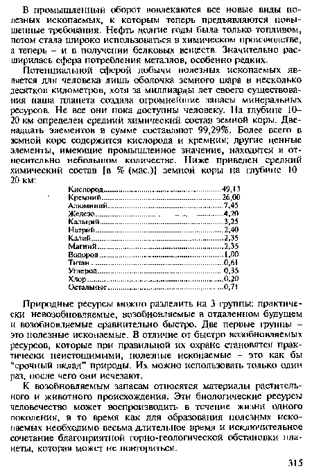 Природные ресурсы можно разделить на 3 группы: практически невозобновляемые, возобновляемые в отдаленном будущем и возобновляемые сравнительно быстро. Две первые группы -это полезные ископаемые. В отличие от быстро возобновляемых ресурсов, которые при правильной их охране становятся практически неистощимыми, полезные ископаемые - это как бы “срочный вклад” природы. Их можно использовать только один раз, после чего они исчезают.