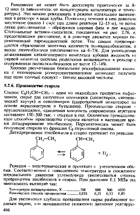 Стирол СбН5СН=СН2 - один из важнейших продуктов нефтехимии, сырье для получения полимеров (полистирол, синтетический каучук) и сополимеров (ударопрочный полистирол на основе акрилонитрила и бутадиена). Производство стирола -крупнотоннажное, единичная мощность современных агрегатов составляет 150-300 тыс. т стирола в год. Основным промышленным способом производства стирола является в настоящее время дегидрирование этилбензола. Перспективным может быть получение стирола из фракции Се пиролизной смолы.