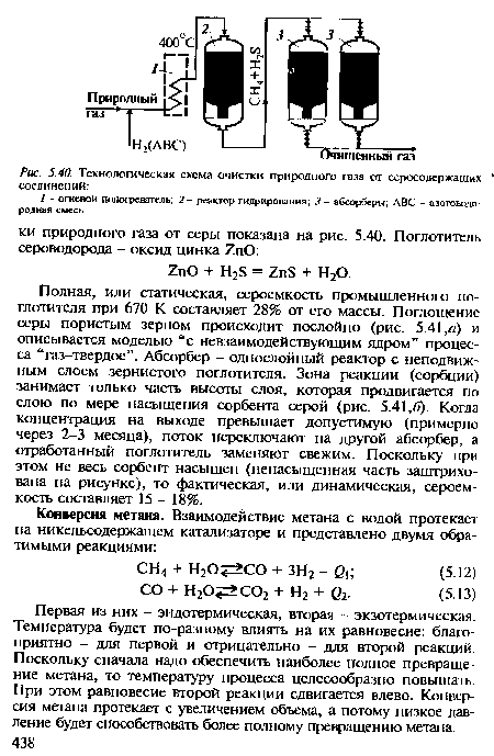 Полная, или статическая, сероемкость промышленного поглотителя при 670 К составляет 28% от его массы. Поглощение серы пористым зерном происходит послойно (рис. 5.41,а) и описывается моделью “с невзаимодействующим ядром” процесса “газ-твердое”. Абсорбер - однослойный реактор с неподвижным слоем зернистого поглотителя. Зона реакции (сорбции) занимает только часть высоты слоя, которая продвигается по слою по мере насыщения сорбента серой (рис. 5.41,6). Когда концентрация на выходе превышает допустимую (примерно через 2-3 месяца), поток переключают на другой абсорбер, а отработанный поглотитель заменяют свежим. Поскольку при этом не весь сорбент насыщен (ненасыщенная часть заштрихована на рисунке), то фактическая, или динамическая, сероемкость составляет 15 - 18%.