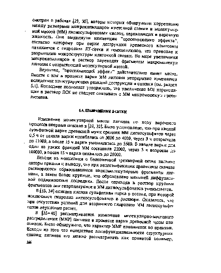 В [33, 34] описана кислая сульфитная варка в потоке, при которой исключался гидролиз лигносульфонатов в растворе. Оказалось, что при отсутствии условий для вторичного гидролиза ММ лигносульфонатов неуклонно растет.