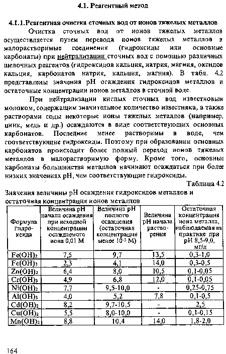 Очистка сточных вод от ионов тяжелых металлов осуществляется путем перевода ионов тяжелых металлов в малорастворимые соединения (гидроксиды или основные карбонаты) при нейтрализации сточных вод с помощью различных щелочных реагентов (гидроксидов кальция, натрия, магния, оксидов кальция, карбонатов натрия, кальция, магния). В табл. 4.2 представлены значения pH осаждения гидроксидов металлов и остаточные концентрации ионов металлов в сточной воде.