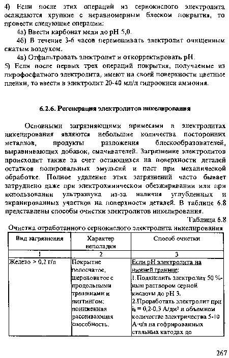 Основными загрязняющими примесями в электролитах никелирования являются небольшие количества посторонних металлов, продукты разложения блескообразователей, выравнивающих добавок, смачивателей. Загрязнение электролитов происходит также за счет остающихся на поверхности деталей остатков полировальных эмульсий и паст при механической обработке. Полное удаление этих загрязнений часто бывает затруднено даже при электрохимическом обезжиривании или при использовании ультразвука иэ-за наличия углубленных и экранированных участков на поверхности деталей. В таблице 6.8 представлены способы очистки электролитов никелирования.