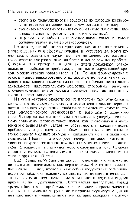 Из семи «острых экологических проблем» три относятся к глобальным по своему характеру и имеют очень долгие периоды потенциального улучшения: глобальное изменение климата, потеря биологического разнообразия и разрушение озонового слоя. Четвертая острая проблема относится к ущербу, наносимому организму человека токсичными, канцерогенными и мутагенными веществами. Пятая — доступность и качество воды, проблема, которая охватывает объемы использования воды, а также сбросы вредных отходов в поверхностные или океанические воды. Шестая — это скорость исчерпания ископаемых топливных ресурсов, жизненно важных для многих видов человеческой деятельности, по крайней мере в следующем веке. Седьмая связана с использованием земли — фактором, влияющим на многие другие проблемы.