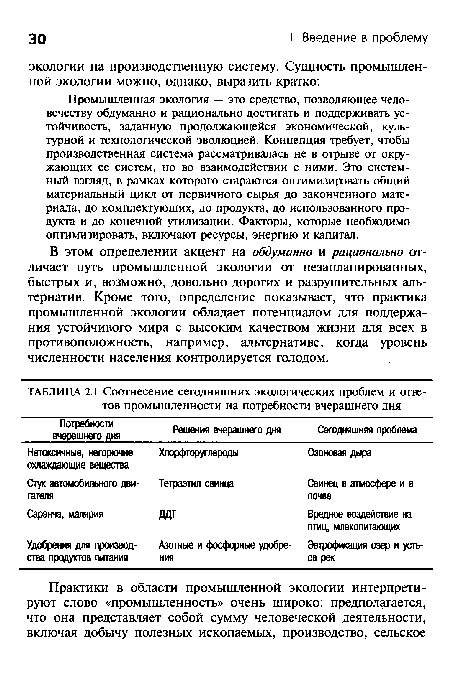 Промышленная экология — это средство, позволяющее человечеству обдуманно и рационально достигать и поддерживать устойчивость, заданную продолжающейся экономической, культурной и технологической эволюцией. Концепция требует, чтобы производственная система рассматривалась не в отрыве от окружающих ее систем, но во взаимодействии с ними. Это системный взгляд, в рамках которого стараются оптимизировать общий материальный цикл от первичного сырья до законченного материала, до комплектующих, до продукта, до использованного продукта и до конечной утилизации. Факторы, которые необходимо оптимизировать, включают ресурсы, энергию и капитал.