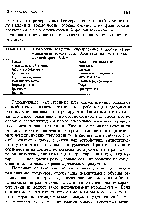 Радионуклиды, естественные или искусственные, обладают способностью вызывать значительные проблемы для здоровья и поэтому они тщательно контролируются. Типичные годовые дозы излучения показывают, что обеспокоенность для всех, кто не связан с радионуклидами профессионально, вызывают природные и медицинские источники. Тем не менее малые источники радионуклидов используются в промышленности в определенных немедицинских приложениях: в светящихся приборах (часах), детекторах дыма, электронных устройствах, антистатических устройствах и научных инструментах. Правительственные ограничения на добычу, использование и размещение радиоизотопов, возможно, достаточны для гарантирования того, что материалы используются редко, только если их свойства не существенны для отдельных рассматриваемых продуктов.