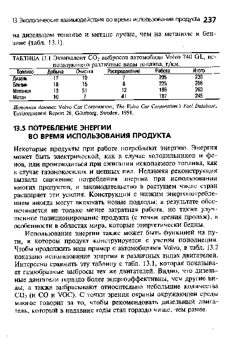 Использование энергии также может быть функцией на пути, в котором продукт конструируется с учетом пополнения. Чтобы продолжить наш пример с автомобилями Уо1уо, в табл. 13.2 показано использование энергии в различных типах двигателей. Интересно сравнить эту таблицу с табл. 13.1, которая показывает газообразные выбросы тех же двигателей. Видно, что дизельные двигатели гораздо более энергоэффективны, чем другие виды, а также выбрасывают относительно небольшие количества СО2 (и СО и УОС). С точки зрения охраны окружающей среды многое говорит за то, чтобы рекомендовать дизельный двигатель, который в недавние годы стал гораздо чище, чем ранее.