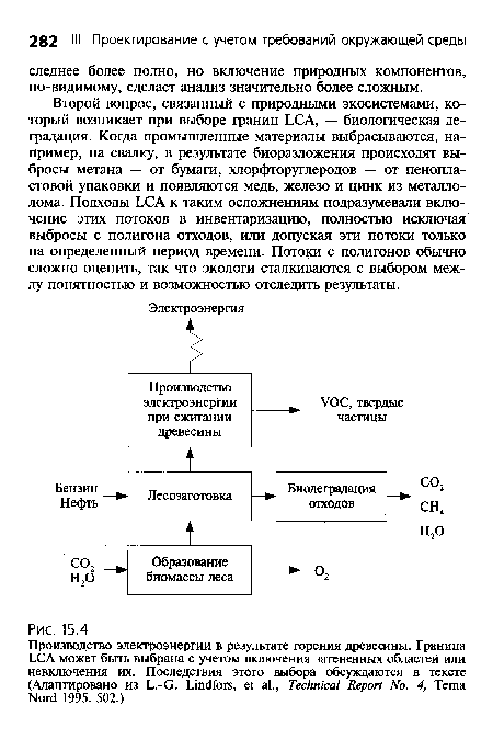 Второй вопрос, связанный с природными экосистемами, который возникает при выборе границ LCA, — биологическая деградация. Когда промышленные материалы выбрасываются, например, на свалку, в результате биоразложения происходят выбросы метана — от бумаги, хлорфторуглеродов — от пенопластовой упаковки и появляются медь, железо и цинк из металлолома. Подходы LCA к таким осложнениям подразумевали включение этих потоков в инвентаризацию, полностью исключая выбросы с полигона отходов, или допуская эти потоки только на определенный период времени. Потоки с полигонов обычно сложно оценить, так что экологи сталкиваются с выбором между понятностью и возможностью отследить результаты.