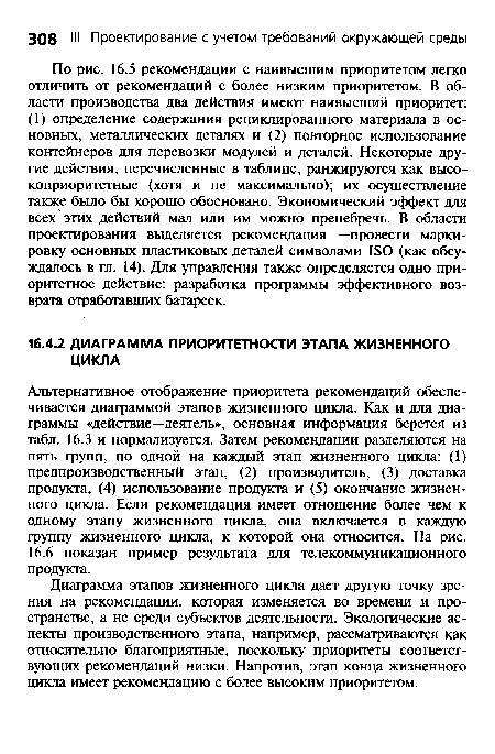 По рис. 16.5 рекомендации с наивысшим приоритетом легко отличить от рекомендаций с более низким приоритетом. В области производства два действия имеют наивысший приоритет: (1) определение содержания рециклированного материала в основных, металлических деталях и (2) повторное использование контейнеров для перевозки модулей и деталей. Некоторые другие действия, перечисленные в таблице, ранжируются как высокоприоритетные (хотя и не максимально); их осуществление также было бы хорошо обосновано. Экономический эффект для всех этих действий мал или им можно пренебречь. В области проектирования выделяется рекомендация —провести маркировку основных пластиковых деталей символами 1БО (как обсуждалось в гл. 14). Для управления также определяется одно приоритетное действие: разработка программы эффективного возврата отработавших батареек.