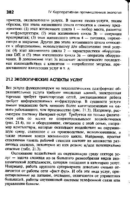 Оценивание воздействий на окружающую среду сектора услуг — задача сложная из-за большого разнообразия видов экономической деятельности, которые попадают в категорию услуг. Например, работа крупного супермаркета довольно сильно отличается от работы сети «фаст фуд». И оба эти вида услуг, ориентированные на питание, очевидно, отличаются от управления больницей, работы спутниковой системы телефонной связи или управления банком.