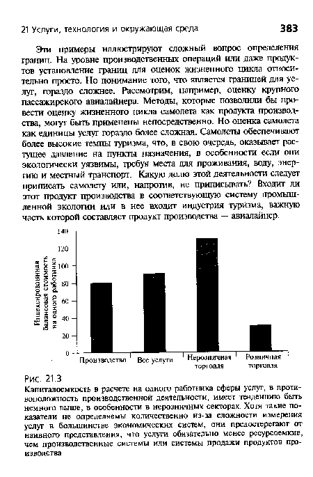 Эти примеры иллюстрируют сложный вопрос определения границ. На уровне производственных операций или даже продуктов установление границ для оценок жизненного цикла относительно просто. Но понимание того, что является границей для услуг, гораздо сложнее. Рассмотрим, например, оценку крупного пассажирского авиалайнера. Методы, которые позволили бы провести оценку жизненного цикла самолета как продукта производства, могут быть применены непосредственно. Но оценка самолета как единицы услуг гораздо более сложная. Самолеты обеспечивают более высокие темпы туризма, что, в свою очередь, оказывает растущее давление на пункты назначения, в особенности если они экологически уязвимы, требуя места для проживания, воду, энергию и местный транспорт. Какую долю этой деятельности следует приписать самолету или, напротив, не приписывать? Входит ли этот продукт производства в соответствующую систему промышленной экологии или в нее входит индустрия туризма, важную часть которой составляет продукт производства — авиалайнер.