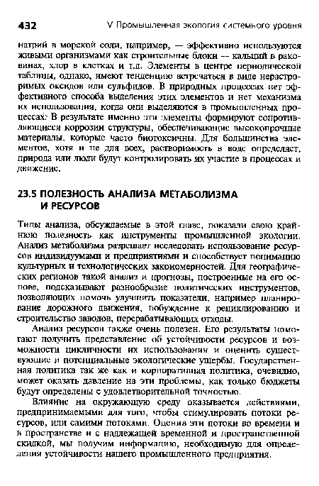 Типы анализа, обсуждаемые в этой главе, показали свою крайнюю полезность как инструменты промышленной экологии. Анализ метаболизма разрешает исследовать использование ресурсов индивидуумами и предприятиями и способствует пониманию культурных и технологических закономерностей. Для географических регионов такой анализ и прогнозы, построенные на его основе, подсказывают разнообразие политических инструментов, позволяющих помочь улучшить показатели, например планирование дорожного движения, побуждение к рециклированию и строительство заводов, перерабатывающих отходы.