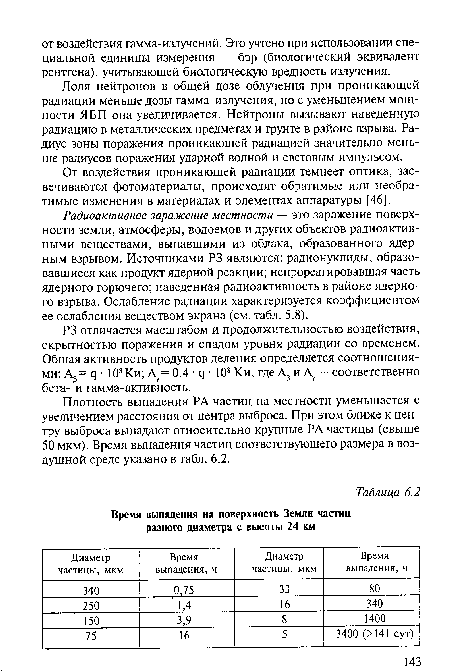 Доля нейтронов в общей дозе облучения при проникающей радиации меньше дозы гамма-излучения, но с уменьшением мощности ЯБП она увеличивается. Нейтроны вызывают наведенную радиацию в металлических предметах и фунте в районе взрыва. Радиус зоны поражения проникающей радиацией значительно меньше радиусов поражения ударной волной и световым импульсом.