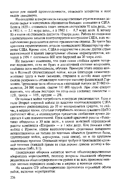 Не вызывает сомнения, что даже самая стойкая армия потерпит поражение, если не будет в достаточной степени вооружена, снабжена всем необходимым, обучена. Примеры этого можно найти в Великой Отечественной войне, когда благодаря самоотверженному труду в тылу (женщин, стариков и детей) наша армия смогла разгромить отлаженную военную машину фашистской Германии. Труженики тыла обеспечили ежегодный выпуск до 27 000 самолетов, 24 000 танков, свыше 111 000 орудий. При этом следует помнить, что объем поставок по ленд-лизу составил: самолеты — 12%, танки — 10%, орудия — 2%.