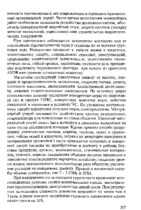 При наводнениях наблюдается затопление местности или ее подтопление (проникновение воды в подвалы из-за подъема фунтовых вод). Наводнение приводит к гибели людей и животных, значительному ущербу, повреждению строений, коммуникаций, прерыванию хозяйственной деятельности, уничтожению плодородных почв, гибели урожая, заражению местности (как проявление вторичного поражающего фактора при вьгходе из хранилищ АХОВ или горючих и смазочных веществ).