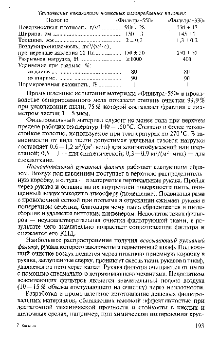 Нагнетательный рукавный фильтр работает следующим образом. Воздух под давлением поступает в верхнюю распределительную коробку, а оттуда — в матерчатые вертикальные рукава. Пройдя через рукава и оставив на их внутренней поверхности пыль, очищенный воздух выходит в атмосферу (помещение). Подвижная рама с проволочной сеткой при подъеме и опускании сжимает рукава в поперечном сечении, благодаря чему пыль сбрасывается в пыле-сборник и удаляется винтовым конвейером. Недостаток таких фильтров — неудовлетворительная очистка фильтрующей ткани, в результате чего значительно возрастает сопротивление фильтра и снижается его КПД.