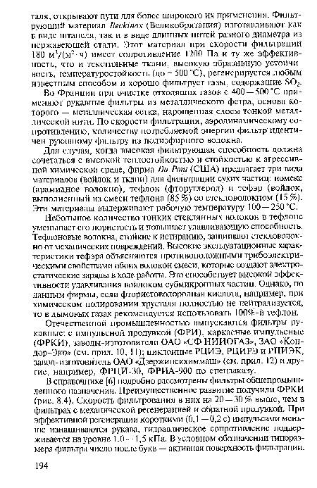 Во Франции при очистке отходящих газов с 400—500 °С применяют рукавные фильтры из металлического фетра, основа которого — металлическая сетка, нарощенная слоем тонкой металлической нити. По скорости фильтрации, аэродинамическому сопротивлению, количеству потребляемой энергии фильтр идентичен рукавному фильтру из полиэфирного волокна.