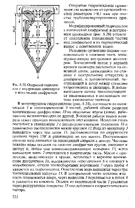 Открытый гидроциклон с внутренним цилиндром и конической диафрагмой