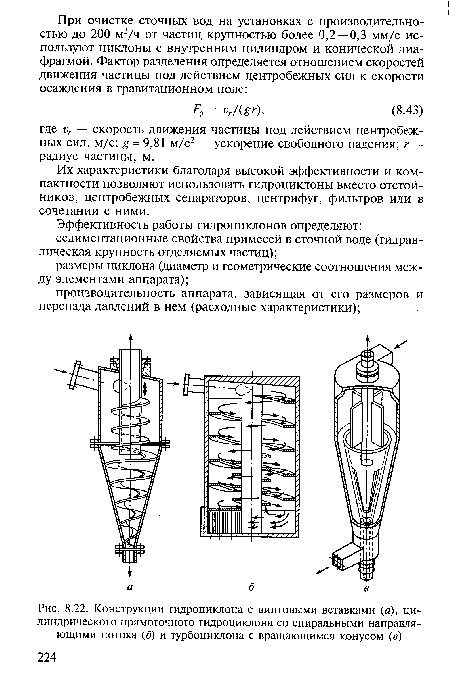 Конструкции гидроциклона с винтовыми вставками (а), цилиндрического прямоточного гидроциклона со спиральными направляющими потока (б) и турбоциклона с вращающимся конусом (в)