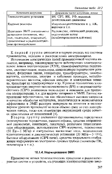 Вторую группу составляют функциональные передатчики (коммерческие передатчики, радиотелефоны, средства направленной радиосвязи, навигации, локаторы), различное технологическое оборудование, использующее СВЧ-излучение, переменные (50 Гц—1 МГц) и импульсные магнитные поля, медицинские терапевтические и диагностические установки (20 МГц—3 ГГц), бытовое оборудование (СВЧ-печи), средства визуального отображения информации на электронно-лучевых трубках (мониторы ПК, телевизоры и т.п.).