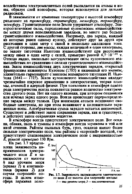 В атмосфере всегда присутствует электрическое поле. Все осадки, облака, пыль и туманы в атмосфере всегда заряжены в той или иной степени. Районы пыльных бурь, гроз, осадков имеют более сильные электрические поля, чем районы с «хорошей» погодой, где присутствует стационарное электрическое поле с напряженностью Е, равной примерно 130 В/м.