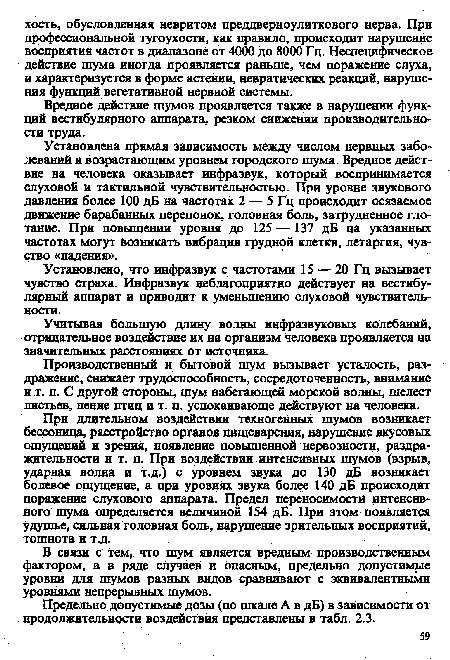 При длительном воздействии техногенных шумов возникает бессоница, расстройство органов пищеварения, нарушение вкусовых ощущений и зрений, появление повышенной нервозности, раздражительности и т. п. При воздействии интенсивных шумов (взрыв, ударная волна и т.д.) с уровнем звука до 130 дБ возникает болевое ощущение, а при уровнях звука более 140 дБ происходит поражение слухового адпарата. Предел переносимости интенсивного шума определяется величиной 154 дБ. При этом появляется удушье, сильная головная боль, нарушение зрительных восприятий, тошнота и т.д.