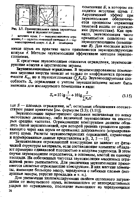 Звукоизоляция ограждающей конструкции не зависит от физической структуры материала, если составляющие элементы обладают примерно одинаковой плотностью и модулем упругости. В этом случае звукоизоляция определяется, в основном, массой на единицу площади. На собственных частотах звукоизоляция массивных ограждений резко уменьшается. Для увеличения звукоизоляции применяются слоистые ограждающие конструкции. В них жесткие элементы, имеющие большую массу, чередуются с гибкими слоями (воздушные зазоры, упругие прокладки и т. п.).