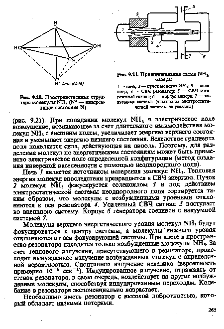 Молекулы верхнего энергетического уровня молекул >1Нз будут фокусироваться к центру системы, а молекулы нижнего уровня отклоняются от оси фокусирующей системы. При влете в пространство резонатора находятся только возбужденные молекулы №13. За счет теплового излучения, присутствующего в резонаторе, происходит вынужденное излучение возбужденных молекул с определенной вероятностью. Спонтанное излучение невелико (вероятность примерно 10“8 сек-1). Индуцированное излучение, отражаясь от стенок резонатора, в свою очередь, воздействует на другие возбужденные молекулы, способствуя индуцированным переходам. Колебание в резонаторе экспоненциально возрастает.