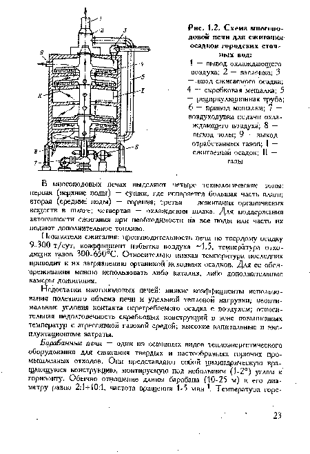 В многоподовых печах выделяют четыре технологические зоны: первая (верхние поды) — сушки, где испаряется большая часть влаги; вторая (средние поды) — горения; третья —. дожигания органических веществ в шлаке; четвертая — охлаждения шлака. Для поддержания автогенности сжигания при необходимости на все поды или часть их подают дополнительное топливо.