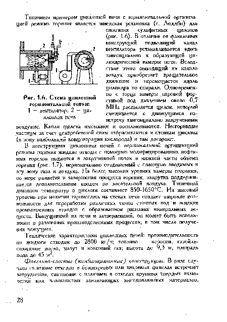 В конструкциях циклонных печей с вертикальной организацией режима горения жидкие отходы с помощью модифицированных нефтяных горелок подаются в закрученный поток в нижней части объема горения (рис. 1.7), первоначально создаваемый с помощью вводимых в эту зону газа и воздуха. На более высоких уровнях камеры сгорания, по мере развития и завершения процесса горения, закрутка поддержи- . вается дополнительным вводом по касательной воздуха. Типичный диапазон температур в циклоне составляет 850-1650°С. Их высокий уровень при наличии гарниссажа на стенах печи создав! широкие возможности для переработки различных типов сточных вод и жидких промышленных отходов с образованием расплава минеральных веществ. Выпущенный из печи и затвердевший, он может быть использован в различных производственных процессах, в том числе получения вяжущего.