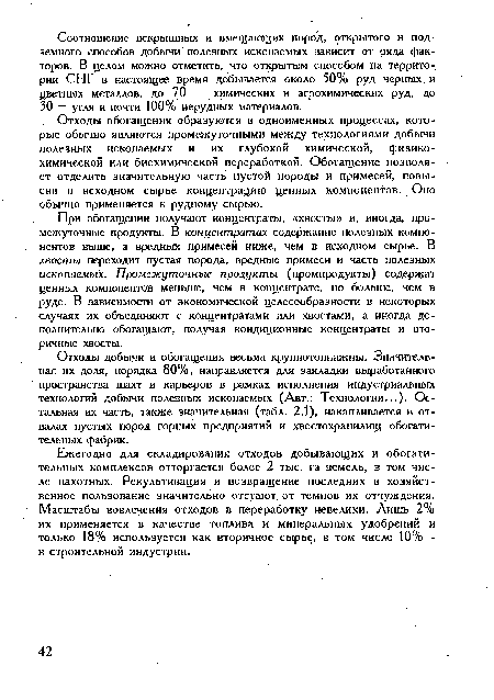 Отходы обогащения образуются в одноименных процессах, которые обычно являются промежуточными между технологиями добычи полезных ископаемых и их глубокой химической, физикохимической или биохимической переработкой. Обогащение позволяет отделить значительную часть пустой породы и примесей, повысив в исходном сырье концентрацию ценных компонентов. Оно обычно применяется к рудному сырью.