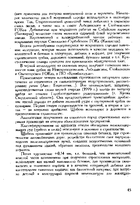 Весьма разнообразны содержащиеся во вскрышных породах каменные материалы, которые можно использовать в качестве нерудных заполнителей в бетонах и огнеупорах, добавок в асфальт, для получения строительного щебня, дорожных оснований, бутового камня и т.п. Кристаллические сланцы пригодны для производства облицовочных плит.