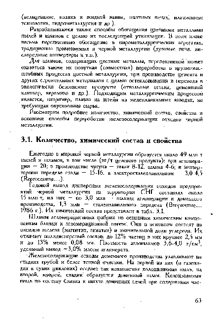 Годовой выход дисперсных железосодержащих отходов предприятий черной металлургии на территории СНГ составлял около 15 млн т, из них — по 3,0 млн — шламы агломерации и доменного производства, 1,3 млн — сталеплавильного передела (Вторичные... 1986 г.). Их химический состав представлен в табл. 3.1.