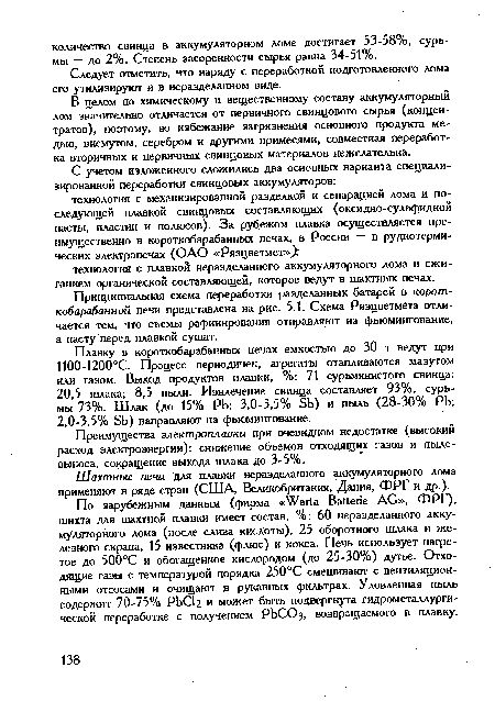 Шахтные печи для плавки нераэделанного аккумуляторного лома применяют в ряде стран (США, Великобритания, Дания, ФРГ и др.).