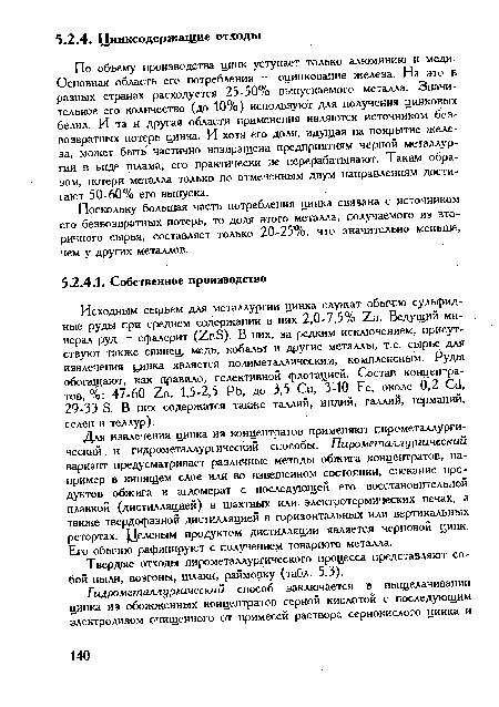 Поскольку большая часть потребления цинка связана с источником его безвозвратных потерь, то доля этого металла, получаемого из вторичного сырья, составляет только 20-25%, что значительно меньше, чем у других металлов.