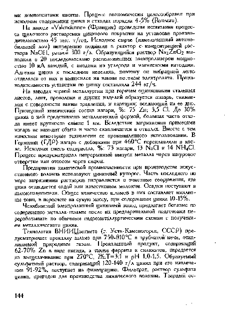 Предприятия химической промышленности при производстве искусственного волокна используют цинковый купорос. Часть последнего по мере загрязнения растворов направляется в очистные сооружения, где цинк осаждается содой или известковым молоком. Осадки поступают в шламонакопители. Общее количество шламов в них составляет миллионы тонн, в пересчете на сухую массу, при содержании цинка 10-15%.