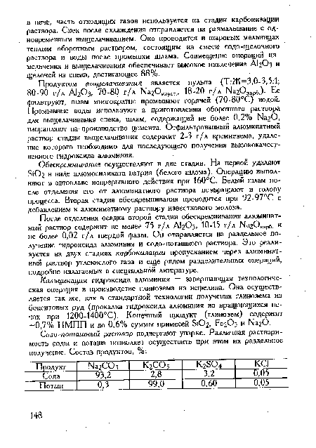 Обескремнивание осуществляют в две стадии. На первой удаляют БЮг в виде алюмосиликата натрия (белого шлама). Операцию выполняют в автоклаве непрерывного действия при 160°С. Белый шлам после отделения его от алюминатного раствора возвращают в голову процесса. Вторая стадия обескремнивания проводится при 92-97°С с добавлением к алюминатному раствору известкового молока.