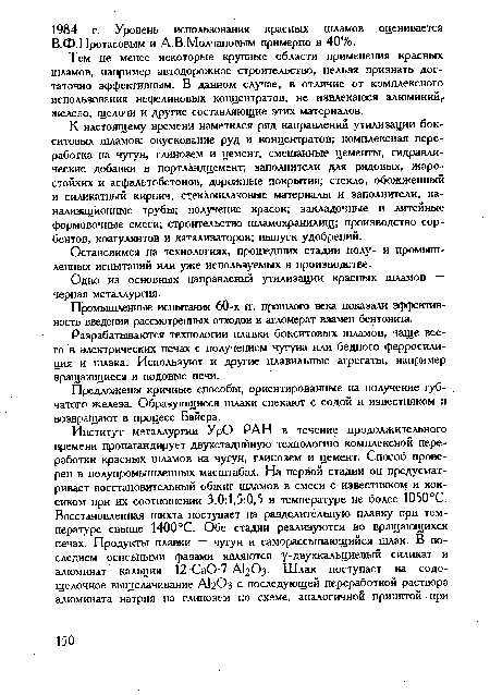 К настоящему времени наметился ряд направлений утилизации бокситовых шламов: окускование руд и концентратов; комплексная переработка на чугун, глинозем и цемент, смешанные цементы, гидравлические добавки в портландцемент; заполнители для рядовых, жаростойких и асфальтобетонов, дорожные покрытия; стекло, обожженный и силикатный кирпич, стеклошлаковые материалы и заполнители, канализационные трубы; получение красок; закладочные и литейные формовочные смеси; строительство шламохранилищ; производство сорбентов, коагулянтов и катализаторов; выпуск удобрений.