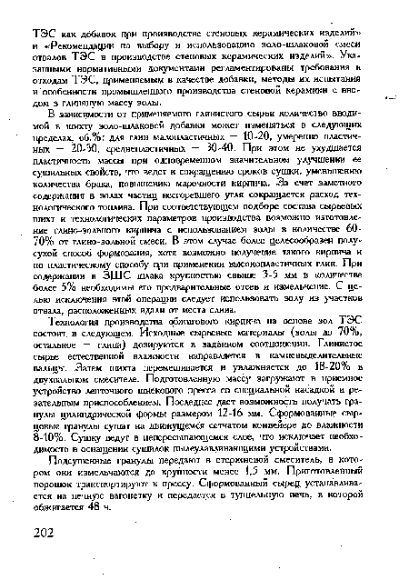 Технология производства обжигового кирпича на основе зол ТЭС состоит в следующем. Исходные сырьевые материалы (золы до 70%, остальное — глина) дозируются в заданном соотношении. Глинистое сырье естественной влажности направляется в камневыделительные вальцы. Затем шихта перемешивается и увлажняется до 18-20% в двухвальном смесителе. Подготовленную массу загружают в приемное устройство ленточного шнекового пресса со специальной насадкой и резательным приспособлением. Последнее дает возможность получать гранулы цилиндрической формы размером 12-16 мм. Сформованные сырцовые гранулы сушат на движущемся сетчатом конвейере до влажности 8-10%. Сушку ведут в непересыпающемся слое, что исключает необходимость в оснащении сушилок пылеулавливающими устройствами.