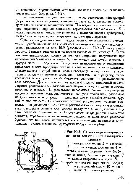 Пластмассовые отходы сжигают в печах различных конструкций (барабанных, многоподовых, кипящего слоя и др.), однако не используют стандартные колосниковые печи. Последнее обусловлено тем, что при нагревании, еще до сжигания, термопласты расплавляются. Это может привести к попаданию расплава в подколосниковое пространство и его затвердению, что затруднит эксплуатацию агрегата.