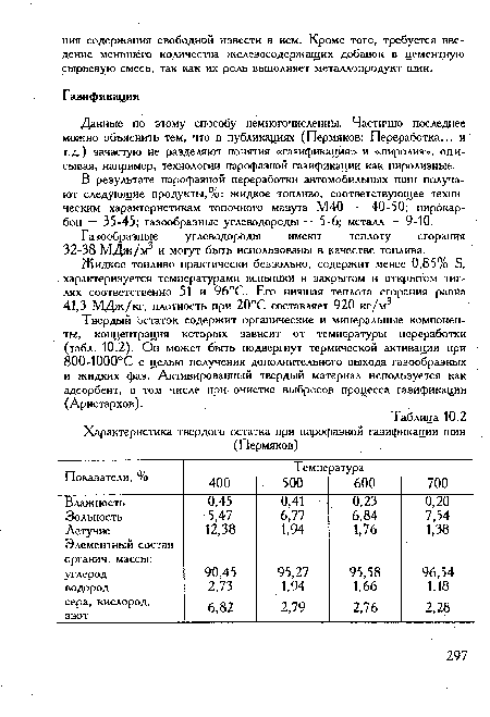 Данные по этому способу немногочисленны. Частично последнее можно объяснить тем, что в публикациях (Пермяков; Переработка... и т.д.) зачастую не разделяют понятия «газификация» и «пиролиз», описывая, например, технологии парофазной газификации как пиролизные.