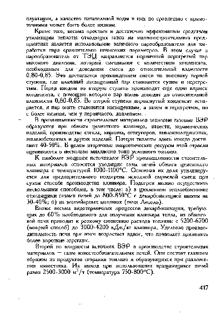 В промышленности строительных материалов тепловые газовые ВЭР образуются при обжиге цементного клинкера, извести, керамических изделий, производстве стекла, кирпича, огнеупоров, теплоизоляционных, железобетонных и других изделий. Потери теплоты здесь иногда достигают 40-50%. В целом вторичные энергетические ресурсы этой отрасли оцениваются в несколько миллионов тонн условного топлива.