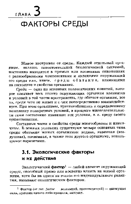 Живое неотрывно от среды. Каждый отдельный организм, являясь самостоятельной биологической системой, постоянно находится в прямых или косвенных отношениях с разнообразными компонентами и явлениями окружающей его среды или, иначе, среды обитания, влияющими на состояние и свойства организма.