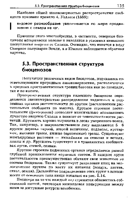 Пространственная структура наземного биоценоза определяется закономерностью распределения надземных и подземных органов растительности по ярусам (расчленением растительных сообществ по высоте). Ярусное строение растительности (фитоценоза) позволяет максимально использовать лучистую энергию Солнца и зависит от теневыносливости растений. Ярусность хорошо выражена в лесах умеренного пояса. Так, например, в широколиственном лесу выделяются 5—6 ярусов: деревья первой, второй величины, подлесок, кустарник, высокие травы, низкие (приземные) травы. Существуют межъярусные растения — лишайники на стволах и ветках, лианы и др. Ярусность существует и в травянистых сообществах лугов, степей, саванн.