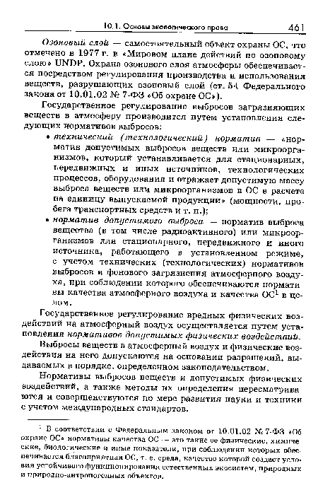 Озоновый слой — самостоятельный объект охраны ОС, что отмечено в 1977 г. в «Мировом плане действий по озоновому слою» 1ШБР. Охрана озонового слоя атмосферы обеспечивается посредством регулирования производства и использования веществ, разрушающих озоновый слой (ст. 54 Федерального закона от 10.01.02 № 7-ФЗ «Об охране ОС»).