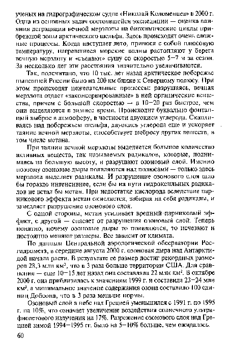 При таянии вечной мерзлоты выделяется большое количество активных веществ, так называемых радикалов, которые, поднимаясь на большую высоту, и разрушают озоновый слой. Именно поэтому озоновые дыры появляются над полюсами — только здесь мерзлота выделяет радикалы. И разрушение озонового слоя шло бы гораздо интенсивнее, если бы на пути гидроксильных радикалов не встал бы метан. При недостатке кислорода вследствие парникового эффекта метан окисляется, забирая на себя радикалы, и замедляет разрушение озонового слоя.