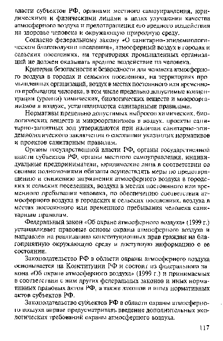 Согласно федеральному закону «О санитарно-эпидемиологическом благополучии населения», атмосферный воздух в городах и сельских поселениях, на территориях промышленных организаций не должен оказывать вредное воздействие на человека.